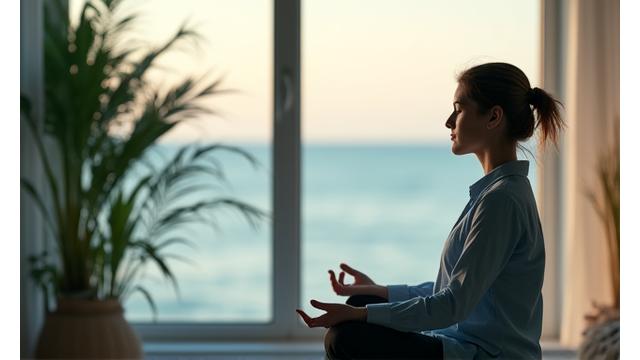 A serene outdoor scene with a person meditating at sunrise, symbolizing mental well-being and stress management.