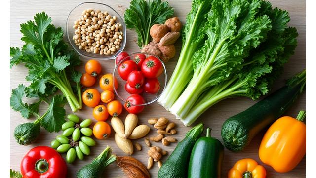 Fresh, vibrant healthy food ingredients on a kitchen counter, symbolizing nutrition discussions.