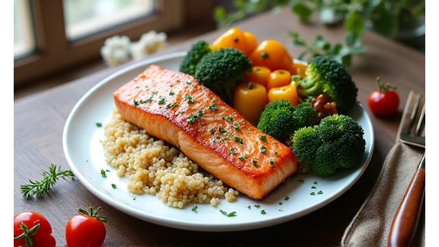 A balanced plate with salmon, avocado, and leafy greens, illustrating a healthy meal.
