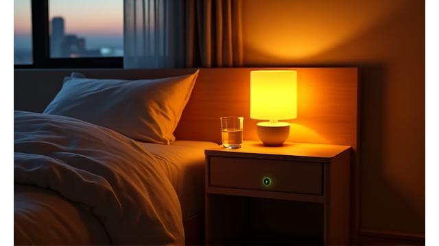 A warm, inviting bedroom with smart lighting fixtures casting gentle, amber-toned light. A smart sleep tracker is visible on the nightstand, and blackout curtains are partially drawn, creating a perfect serene sleep environment.