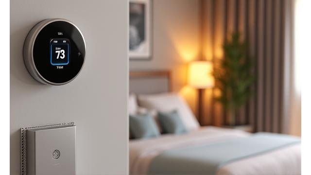 A smart thermostat and air purifier device in a modern bedroom setting, symbolizing environmental optimization.