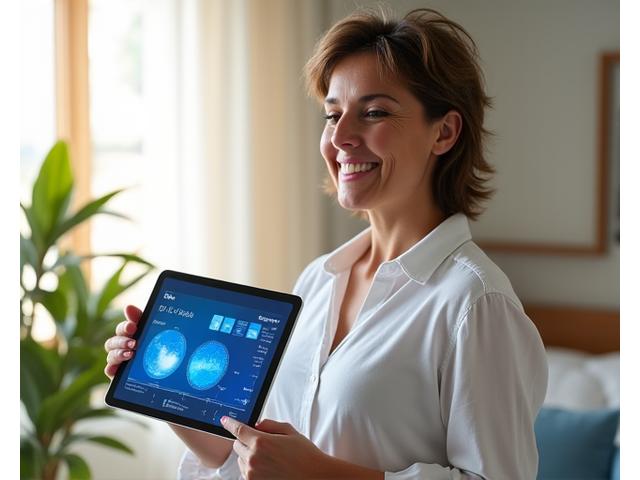 A serene female sleep coach smiling calmly, holding a tablet with sleep data, in a bright, modern wellness studio.